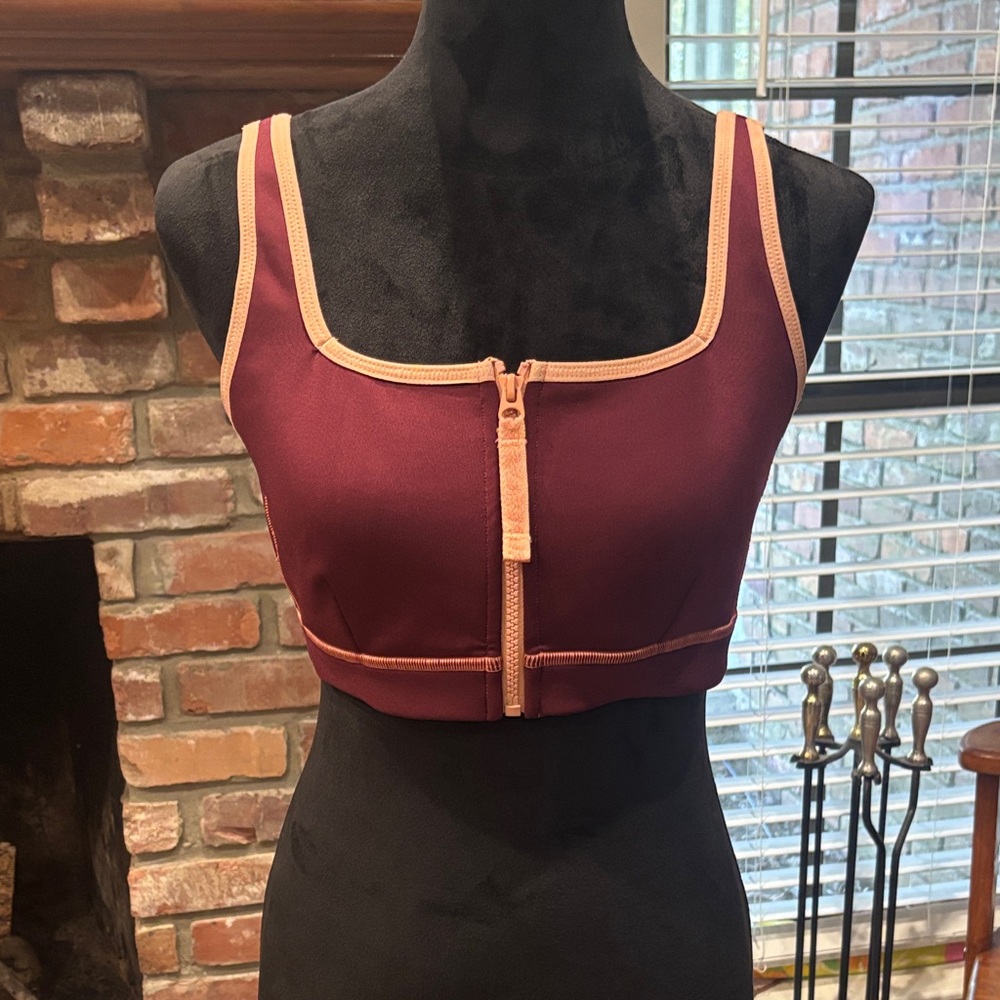 Fabletics Burgundy and Peach Zip Sports Bra
